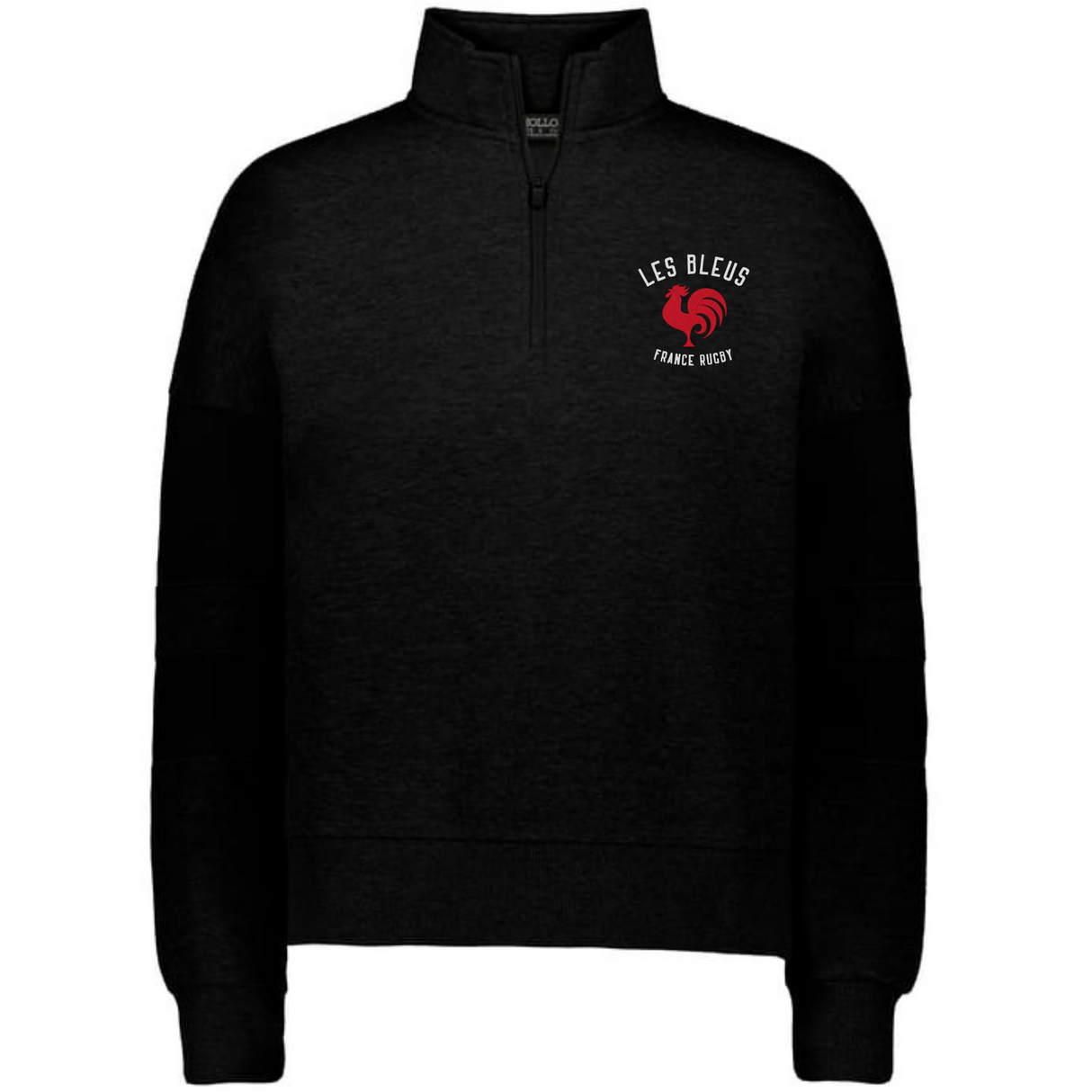 The EMB Augusta Women's Les Bleus Jackson Way Pullover features "LES BLEUS," "FRANCE RUGBY" text, and a red rooster emblem on the left chest—ideal rugby apparel combining style and comfort for fans.