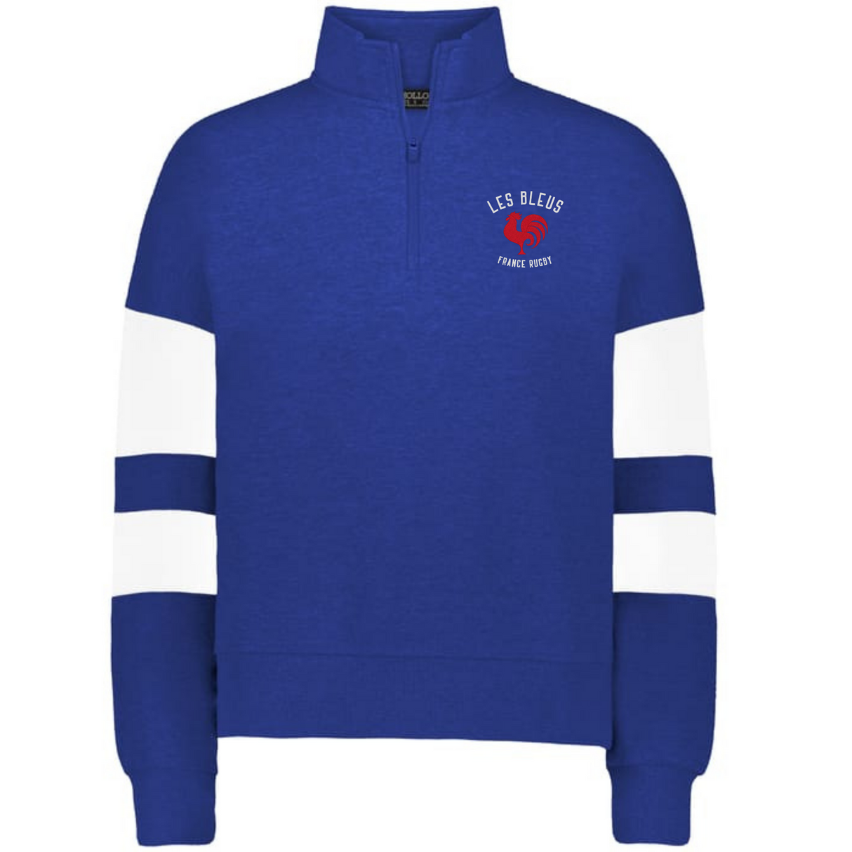 The EMB Augusta Women's Les Bleus Jackson Way Pullover is a blue rugby sweatshirt featuring white striped sleeves and "Les Bleus France Rugby" with a red rooster emblem on the left chest.