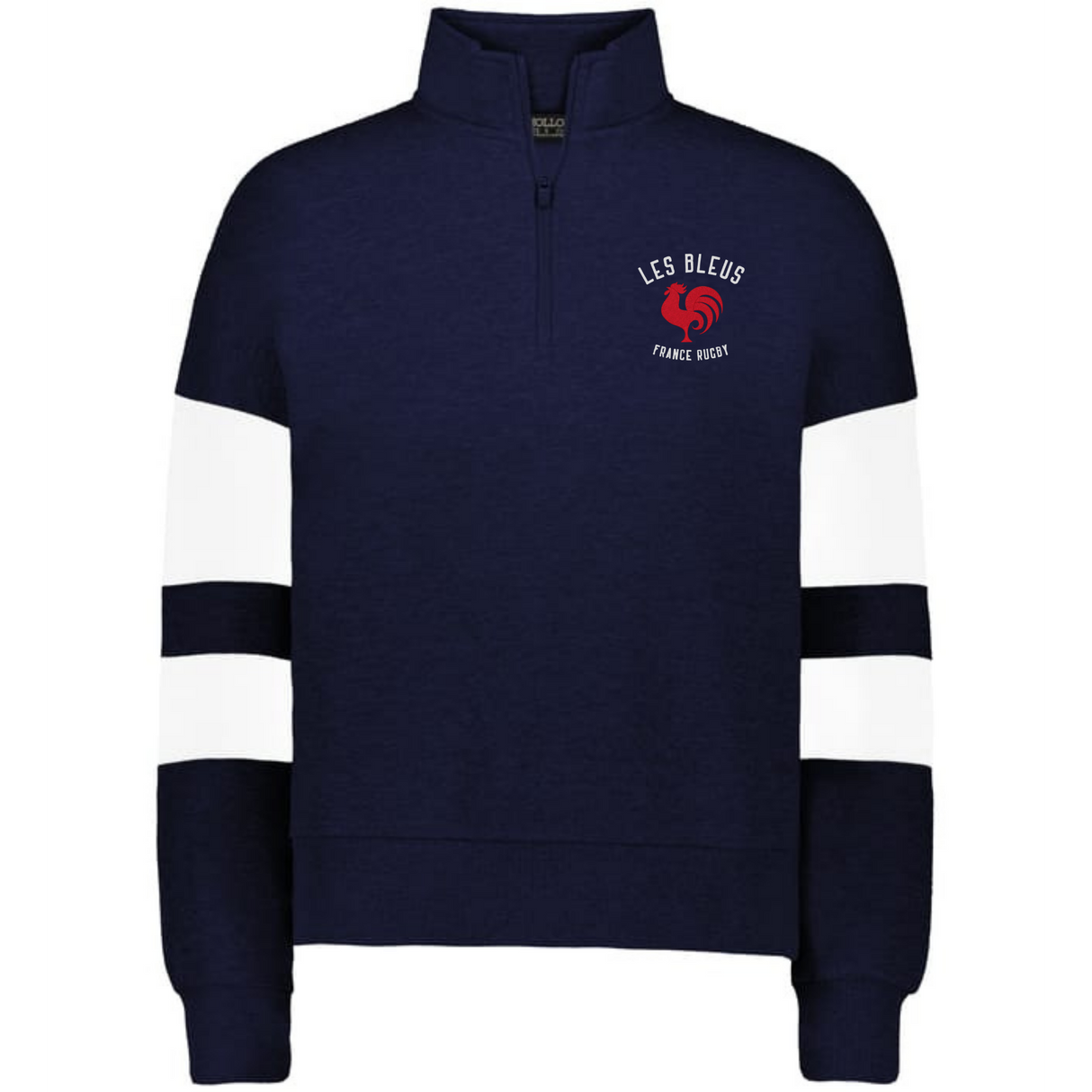 The EMB Augusta Women's Les Bleus Jackson Way Pullover is a navy quarter-zip with white sleeve stripes and a "LES BLEUS FRANCE RUGBY" logo featuring a red rooster on the left chest.