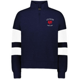 The EMB Augusta Women's Les Bleus Jackson Way Pullover is a navy quarter-zip with white sleeve stripes and a "LES BLEUS FRANCE RUGBY" logo featuring a red rooster on the left chest.