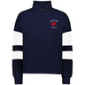 The EMB Augusta Women's Les Bleus Jackson Way Pullover is a navy quarter-zip with white sleeve stripes and a "LES BLEUS FRANCE RUGBY" logo featuring a red rooster on the left chest.