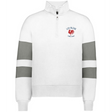 The EMB Augusta Women's Les Bleus Jackson Way Pullover is a white cropped quarter-zip fleece with grey sleeve stripes and a "Les Bleus France Rugby" logo with red rooster—ideal for rugby fans.