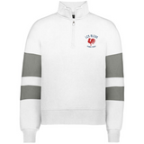 The EMB Augusta Women's Les Bleus Jackson Way Pullover is a white cropped quarter-zip fleece with grey sleeve stripes and a "Les Bleus France Rugby" logo with red rooster—ideal for rugby fans.