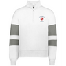 The EMB Augusta Women's Les Bleus Jackson Way Pullover is a white cropped quarter-zip fleece with grey sleeve stripes and a "Les Bleus France Rugby" logo with red rooster—ideal for rugby fans.
