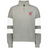 The Women's Les Bleus Jackson Way Pullover by EMB Augusta is a gray cropped fleece quarter-zip sweatshirt with white sleeve stripes, a red rooster "Les Bleus" logo, and "Fierce Heart" text—ideal for rugby apparel fans.