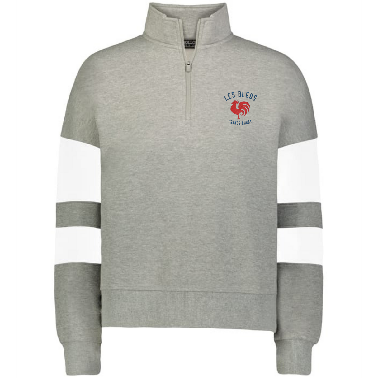 The Women's Les Bleus Jackson Way Pullover by EMB Augusta is a gray cropped fleece quarter-zip sweatshirt with white sleeve stripes, a red rooster "Les Bleus" logo, and "Fierce Heart" text—ideal for rugby apparel fans.