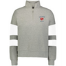 The Women's Les Bleus Jackson Way Pullover by EMB Augusta is a gray cropped fleece quarter-zip sweatshirt with white sleeve stripes, a red rooster "Les Bleus" logo, and "Fierce Heart" text—ideal for rugby apparel fans.