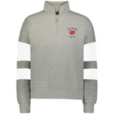The EMB Augusta Women's Les Bleus Jackson Way Pullover is a grey cropped fleece quarter-zip with white sleeve stripes and a "Les Bleus Fiers d’être Bleus" logo with red rooster on the chest—ideal for rugby fans.