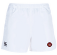 The Flint Rogues Player's Drill Short by EMB Canterbury is made from recycled fabric, featuring an elastic waistband, a Canterbury logo on the left leg, and a red and black emblem on the right leg for that iconic look.