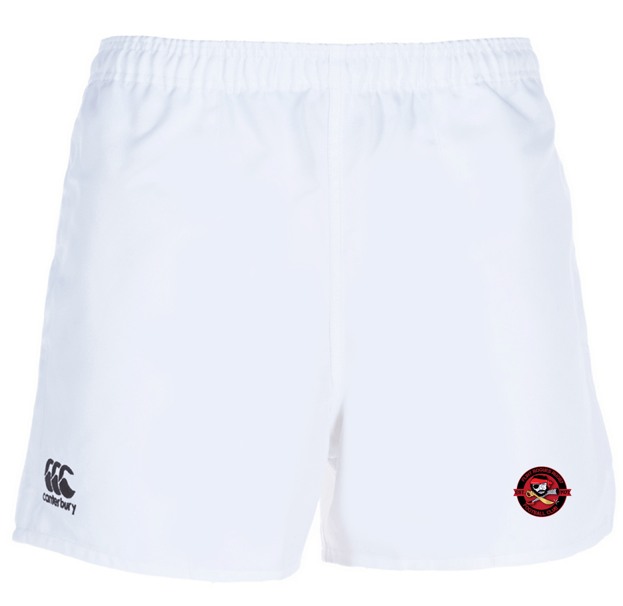 The Flint Rogues Player's Drill Short by EMB Canterbury is made from recycled fabric, featuring an elastic waistband, a Canterbury logo on the left leg, and a red and black emblem on the right leg for that iconic look.
