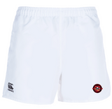 The Flint Rogues Player's Drill Short by EMB Canterbury is made from recycled fabric, featuring an elastic waistband, a Canterbury logo on the left leg, and a red and black emblem on the right leg for that iconic look.