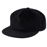 The Weld Corduroy Field Trip Hat, featuring a black corduroy design with a curved brim and adjustable strap, is shown on a plain white background.