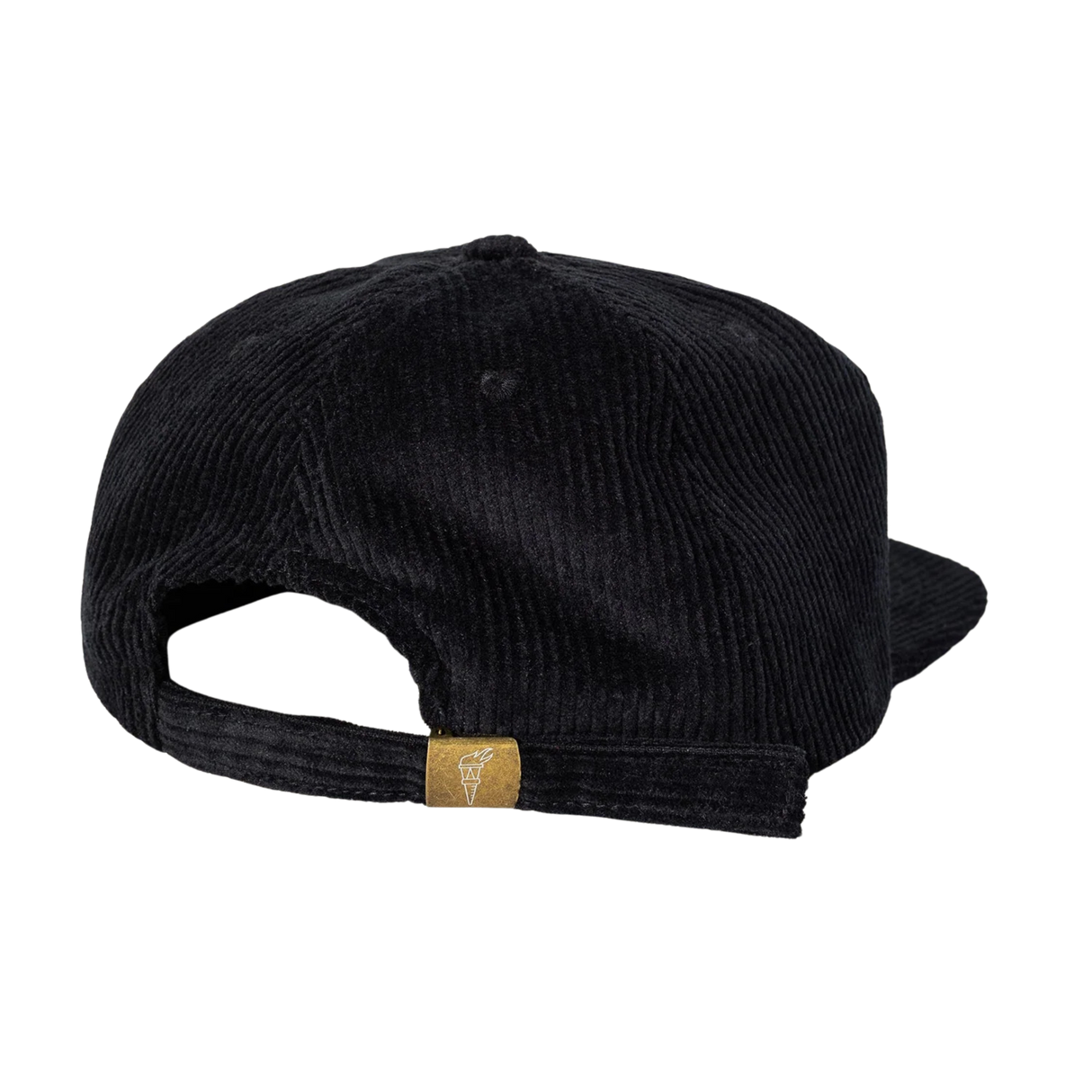The EMB Weld Nations of Rugby Canada Corduroy Field Trip Cap is a black baseball cap with an adjustable strap and a small brown tag, offering classic style and timeless appeal.