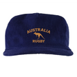 The EMB Weld Nations of Rugby Australia Corduroy Field Trip Cap is a navy blue cap with gold "AUSTRALIA RUGBY" text and a kangaroo graphic, perfect for fans.