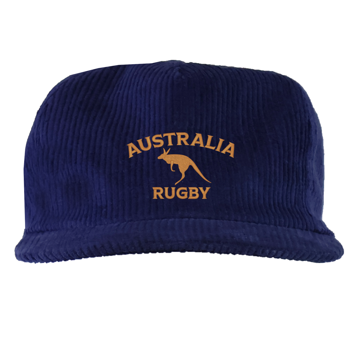The EMB Weld Nations of Rugby Australia Corduroy Field Trip Cap is a navy blue cap with gold "AUSTRALIA RUGBY" text and a kangaroo graphic, perfect for fans.