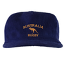 The EMB Weld Nations of Rugby Australia Corduroy Field Trip Cap is a navy blue cap with gold "AUSTRALIA RUGBY" text and a kangaroo graphic, perfect for fans.