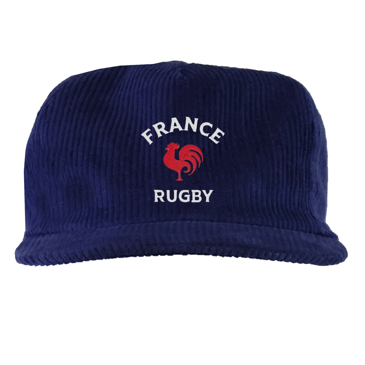 The EMB Weld Nations of Rugby France Corduroy Field Trip Cap is a blue 5-panel hat with "FRANCE RUGBY" and a red rooster logo embroidered on the front, celebrating France’s rugby heritage.