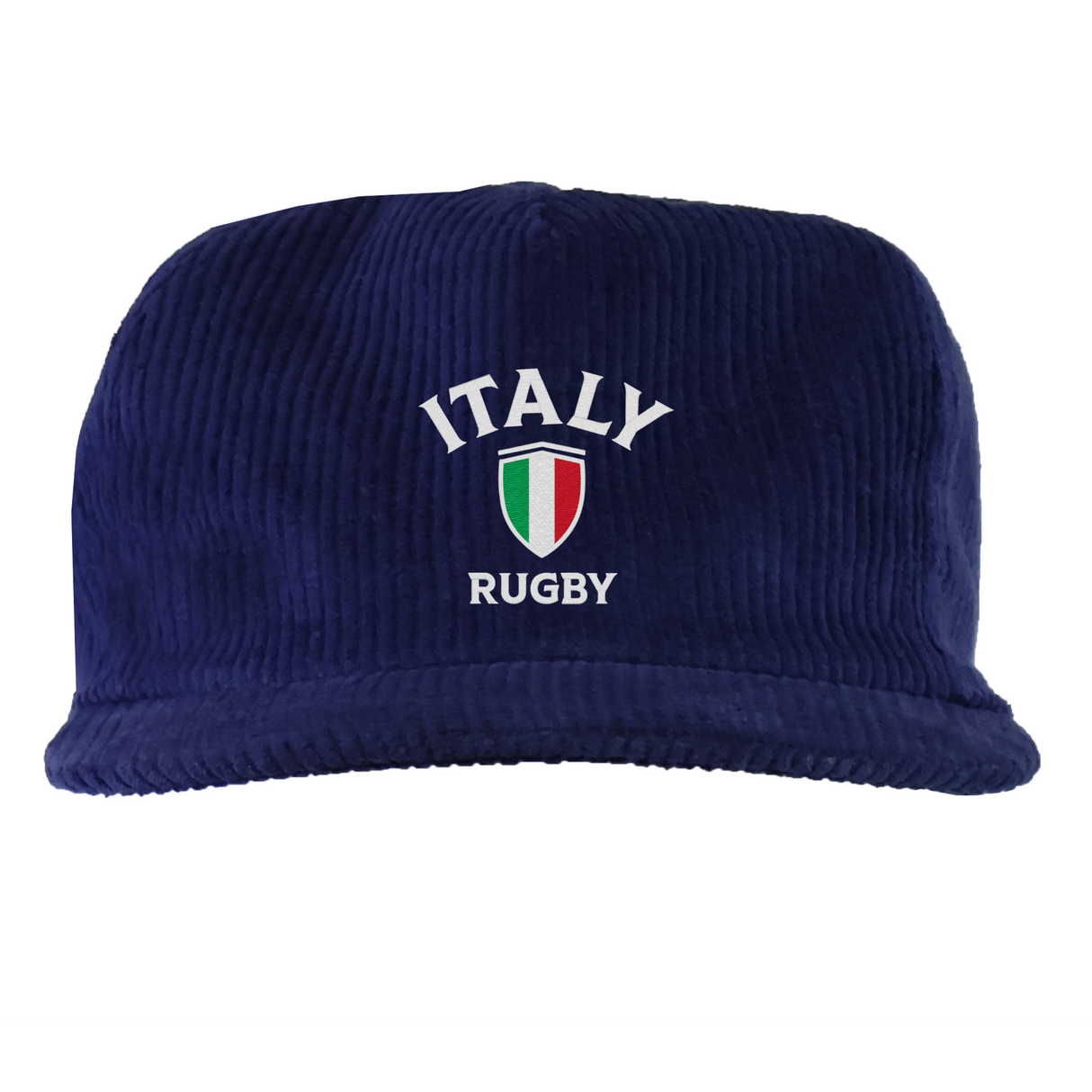 The EMB Weld Nations of Rugby Italy Corduroy Field Trip Cap features "ITALY RUGBY" and a tricolor shield embroidered on navy blue corduroy—perfect for fans seeking classic Italian rugby style.