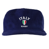 The EMB Weld Nations of Rugby Italy Corduroy Field Trip Cap features "ITALY RUGBY" and a tricolor shield embroidered on navy blue corduroy—perfect for fans seeking classic Italian rugby style.