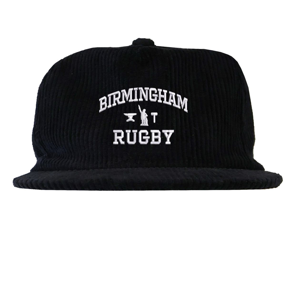 Introducing the EMB Weld Birmingham Rugby Text Logo Corduroy Field Trip Cap: a black corduroy snapback featuring “Birmingham Rugby” embroidered in crisp white lettering on the front. Blending timeless workwear aesthetics with modern comfort, this cap is the perfect choice for fans who love a classic look and easy fit.