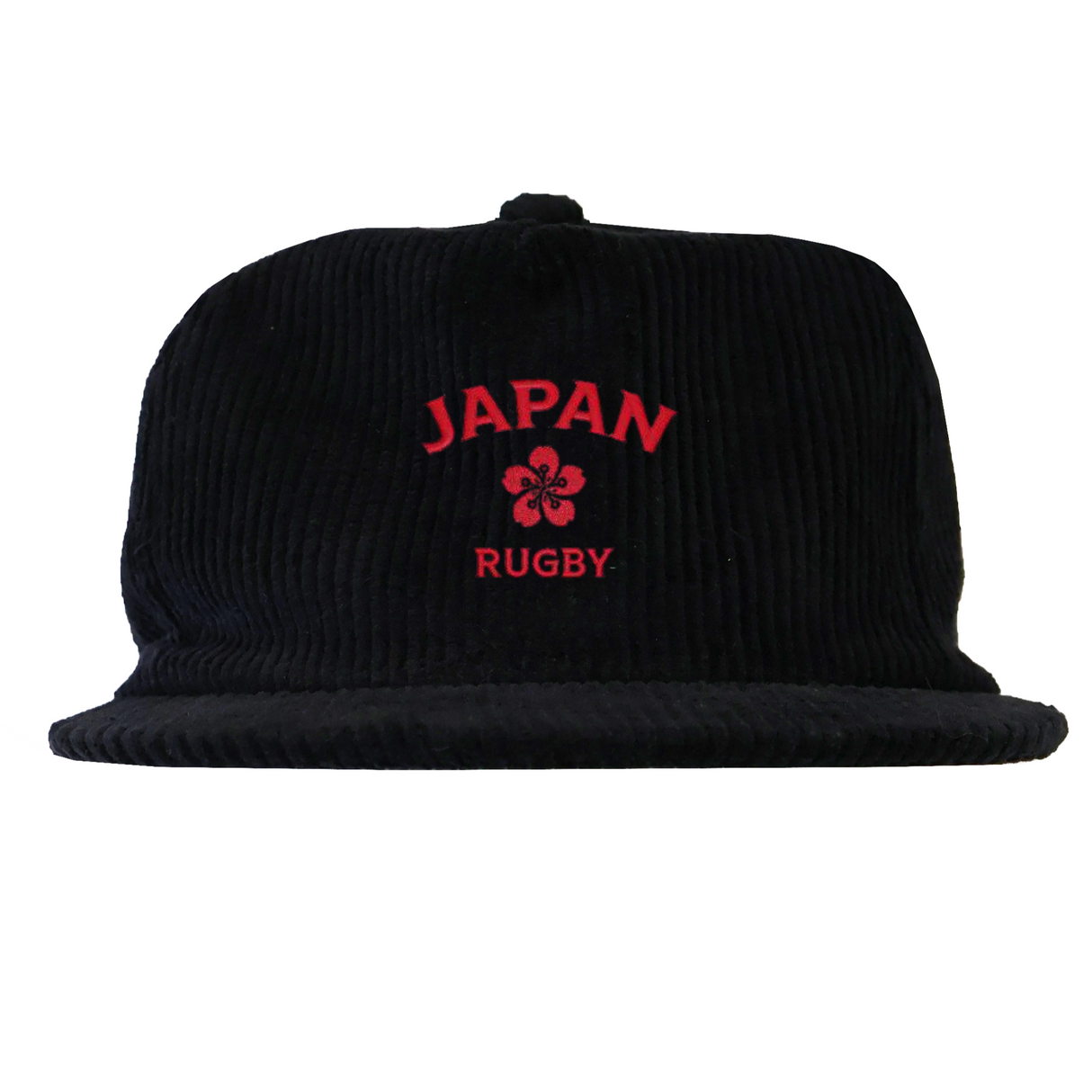 The EMB Weld Nations of Rugby Japan Corduroy Field Trip Cap features black corduroy, red “JAPAN” and “RUGBY” embroidery, and a striking central red emblem—ideal for rugby fans supporting Japan.