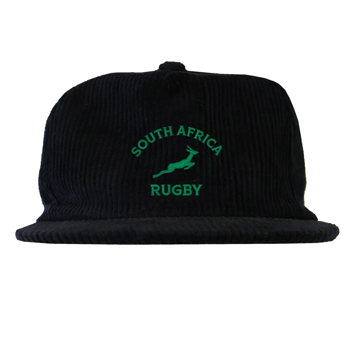 The EMB Weld Nations of Rugby South Africa Corduroy Field Trip Cap features black corduroy with "South Africa Rugby" and a green springbok logo—ideal for showing your support.