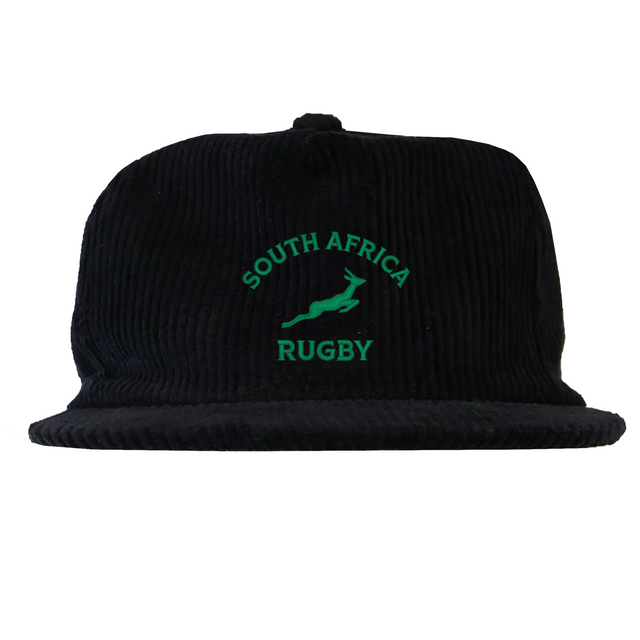 The EMB Weld Nations of Rugby South Africa Corduroy Field Trip Cap features black corduroy with "South Africa Rugby" and a green springbok logo—ideal for showing your support.