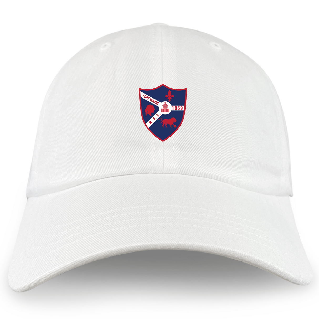 The EMB S&S Activewear Fort Wayne Rugby Adult Low-Profile Cotton Twill Dad Cap features embroidered team branding with a blue and red crest, fleur-de-lis, bison, bear, plus "1958" and "New York" on the front.