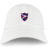 The EMB S&S Activewear Fort Wayne Rugby Adult Low-Profile Cotton Twill Dad Cap features embroidered team branding with a blue and red crest, fleur-de-lis, bison, bear, plus "1958" and "New York" on the front.
