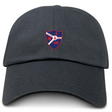 The EMB S&S Activewear Fort Wayne Rugby Adult Low-Profile Cotton Twill Dad Cap is black with embroidered team branding, including a crest featuring a soccer ball, two red animals, and "1963" on the front.