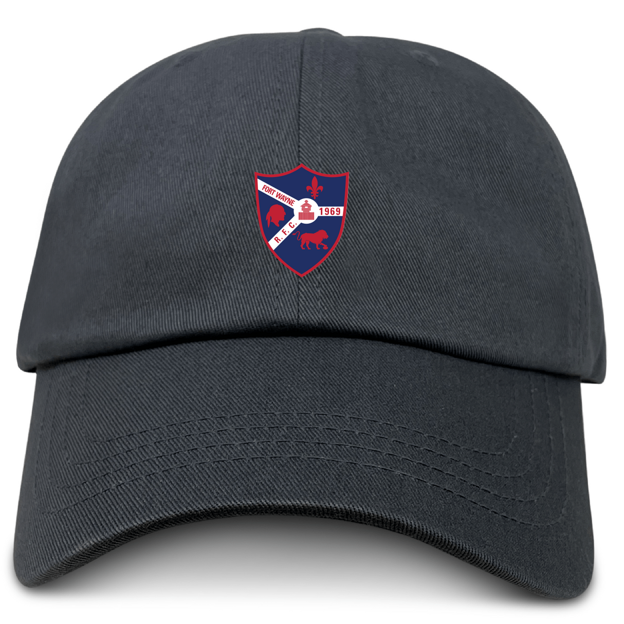 The EMB S&S Activewear Fort Wayne Rugby Adult Low-Profile Cotton Twill Dad Cap is black with embroidered team branding, including a crest featuring a soccer ball, two red animals, and "1963" on the front.