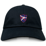 The Fort Wayne Rugby Adult Low-Profile Cotton Twill Dad Cap by EMB S&S Activewear features a black design with embroidered team branding—a red and blue shield emblem with white animals and "1958" on the front.