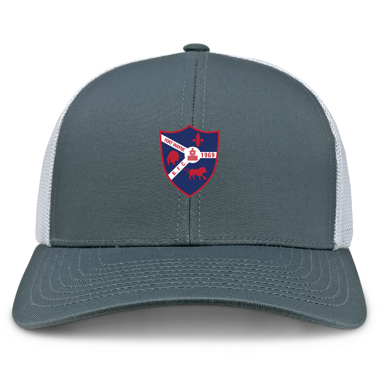 The Fort Wayne Rugby Retro Trucker Cap by EMB S&S Activewear features a gray and white polyester-cotton blend, a red and blue animal shield logo with "1969" on the front, and an adjustable snapback closure.