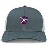 The Fort Wayne Rugby Retro Trucker Cap by EMB S&S Activewear features a gray and white polyester-cotton blend, a red and blue animal shield logo with "1969" on the front, and an adjustable snapback closure.
