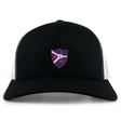 The EMB S&S Activewear Fort Wayne Rugby Retro Trucker Cap features a black and white design with a red, blue, and white shield crest on the front, made from a polyester-cotton blend and finished with an adjustable snapback closure.