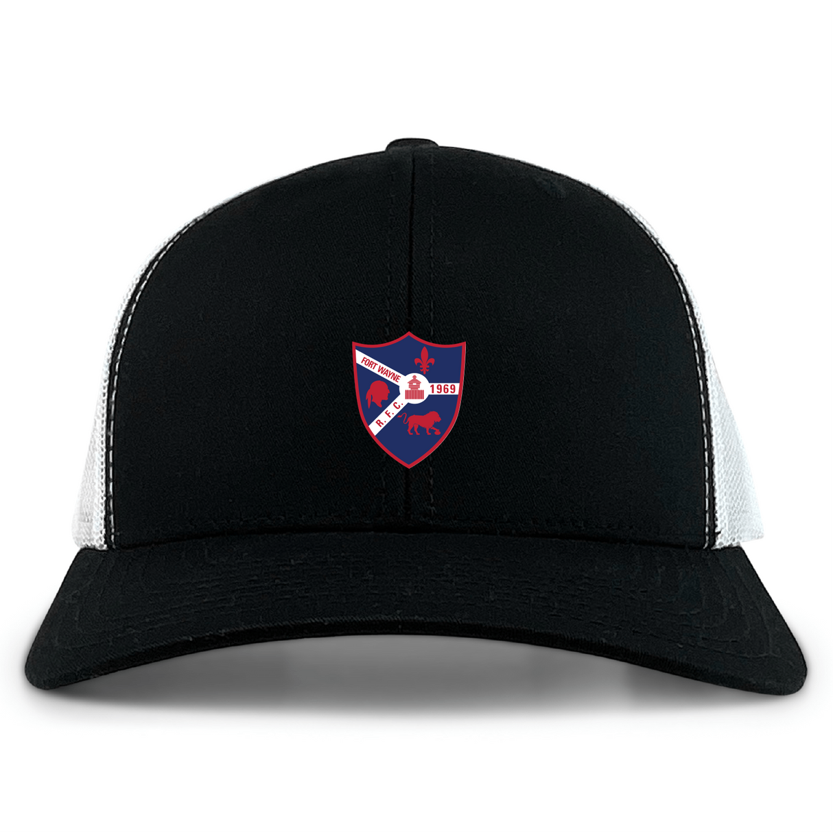 The EMB S&S Activewear Fort Wayne Rugby Retro Trucker Cap features a black and white design with a red, blue, and white shield crest on the front, made from a polyester-cotton blend and finished with an adjustable snapback closure.