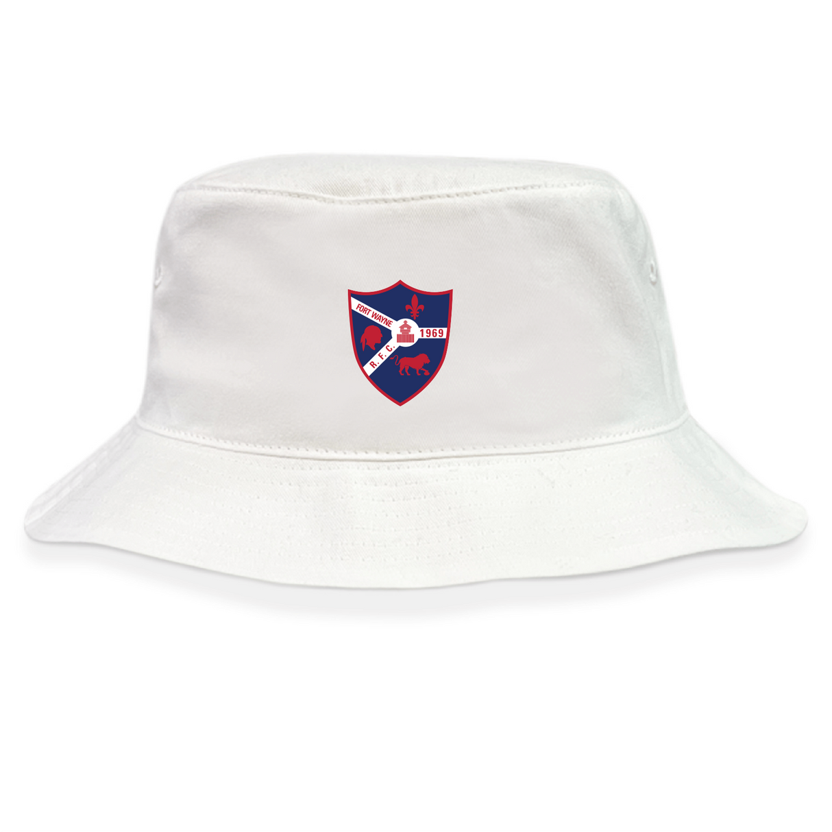 The Fort Wayne Rugby Crusher Bucket Cap by EMB S&S Activewear is a white cotton twill hat with a red and blue crest featuring a lion, book, and "1857" on the front—offering stylish sun protection.