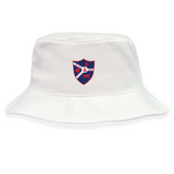 The Fort Wayne Rugby Crusher Bucket Cap by EMB S&S Activewear is a white cotton twill hat with a red and blue crest featuring a lion, book, and "1857" on the front—offering stylish sun protection.