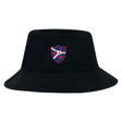 The Fort Wayne Rugby Crusher Bucket Cap by EMB S&S Activewear is a black cotton twill hat with a red and blue crest featuring a soccer ball, star, animals, and "1959," combining style with sun protection.