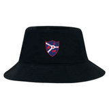 The Fort Wayne Rugby Crusher Bucket Cap by EMB S&S Activewear is a black cotton twill hat with a red and blue crest featuring a soccer ball, star, animals, and "1959," combining style with sun protection.