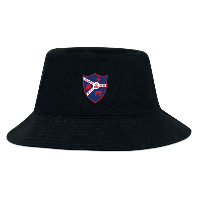 The Fort Wayne Rugby Crusher Bucket Cap by EMB S&S Activewear is a black cotton twill hat with a red and blue crest featuring a soccer ball, star, animals, and "1959," combining style with sun protection.
