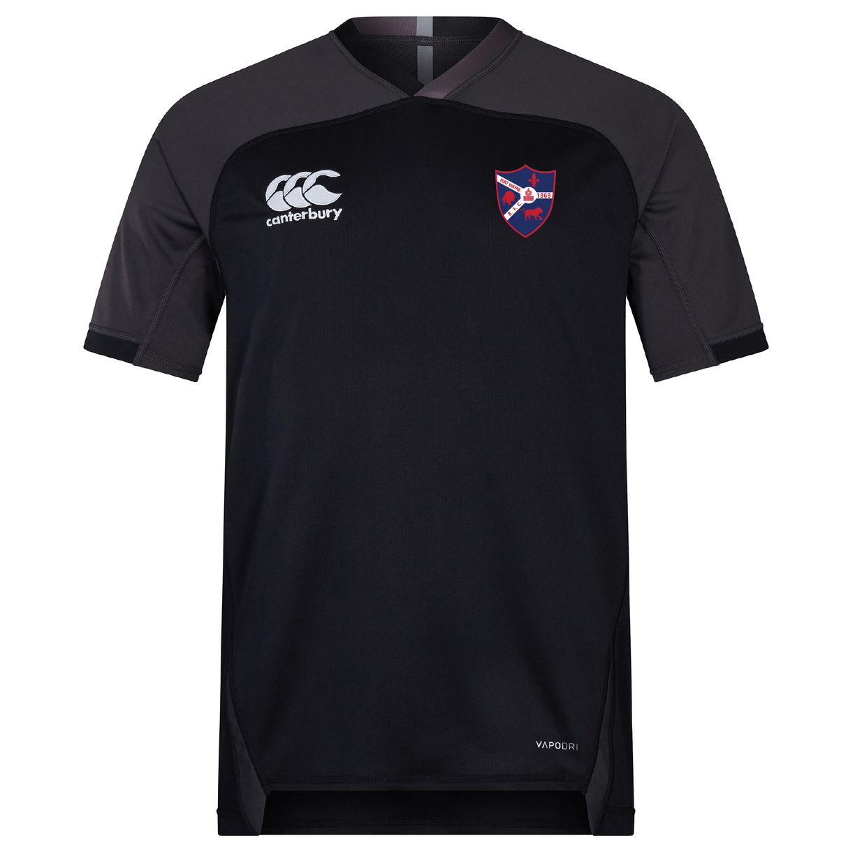 Black Fort Wayne Rugby Vapodri Evader Jersey by EMB Canterbury with short sleeves features a white logo on the right chest and a shield emblem with red and blue details on the left. Enhanced with VapoDri technology to keep you cool and dry.