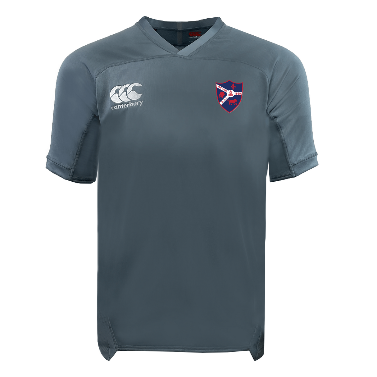 The Fort Wayne Rugby Vapodri Evader Jersey by EMB Canterbury is a gray sports jersey with a red and blue shield emblem, the "Canterbury" logo on the chest, and features moisture-wicking technology.