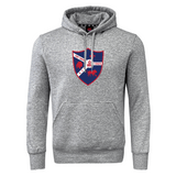 The Fort Wayne Rugby Club Hoodie by WRS Canterbury offers iconic style with a gray hooded sweatshirt featuring a shield emblem in red and blue with bison and 1969 text. Optional customization is available to make it uniquely yours.