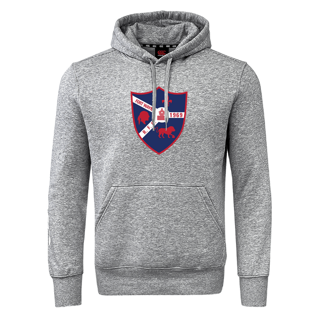The Fort Wayne Rugby Club Hoodie by WRS Canterbury offers iconic style with a gray hooded sweatshirt featuring a shield emblem in red and blue with bison and 1969 text. Optional customization is available to make it uniquely yours.
