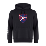 The Fort Wayne Rugby Club Hoodie by WRS Canterbury features a black design with a crest showcasing a fleur-de-lis, castle, and horse, plus "THE PRIDE 1969" in red and white. Made from sweatshirt fleece for comfort, it includes Canterbury branding on the left sleeve.