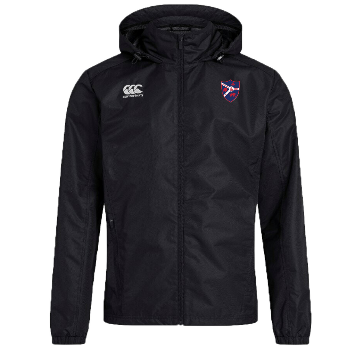 The Fort Wayne Rugby Club Vaposhield Full Zip Rain Jacket by EMB Canterbury is a black jacket with a hood, front zipper, and logos on the left chest and right shoulder. It features VapoShield technology for water resistance in any weather.