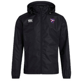 The Fort Wayne Rugby Club Vaposhield Full Zip Rain Jacket by EMB Canterbury is a black jacket with a hood, front zipper, and logos on the left chest and right shoulder. It features VapoShield technology for water resistance in any weather.