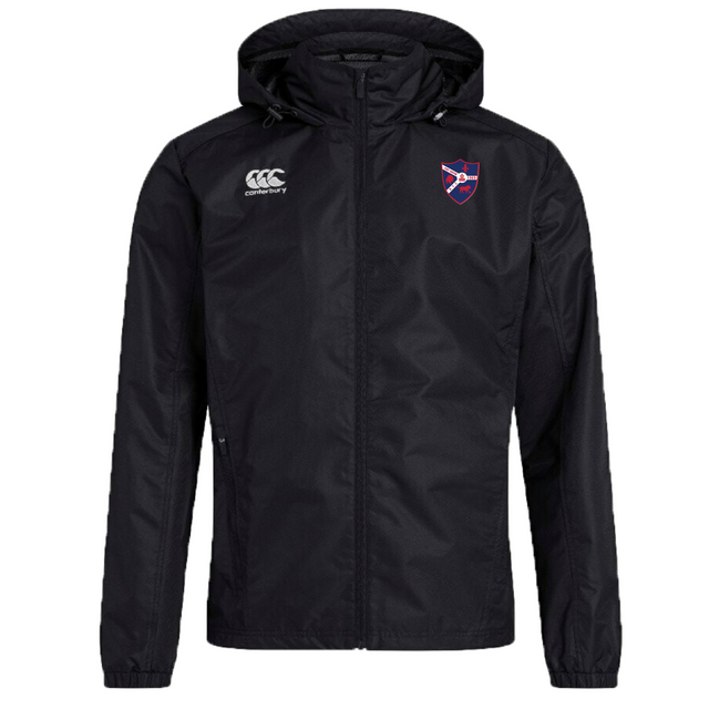 The Fort Wayne Rugby Club Vaposhield Full Zip Rain Jacket by EMB Canterbury is a black jacket with a hood, front zipper, and logos on the left chest and right shoulder. It features VapoShield technology for water resistance in any weather.