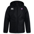 The Fort Wayne Rugby Club Vaposhield Stadium Jacket by EMB Canterbury is a black jacket featuring a hood, the Canterbury logo on the right chest, and a shield emblem on the left chest, designed with Vaposhield technology to make it your go-to water-repellent stadium jacket.